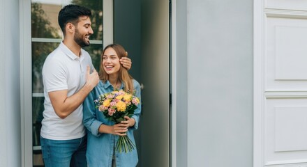 Young caucasian couple at doorway with flowers sharing a joyful moment