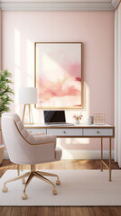Modern interior of home office with table, armchair and laptop.