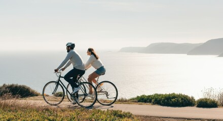 Obraz premium Young couple biking along scenic coastal path with ocean view