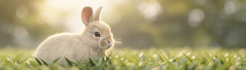 Obraz premium A cute, light-colored rabbit sits on green grass, surrounded by a soft, natural background, evoking a serene and peaceful atmosphere.