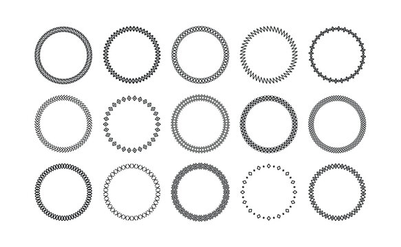 Simple geometric line circle frames. Minimalist decorative circular border designs with geometric patterns, zigzags, diamonds and grid lines for badge and label designs. vector set.