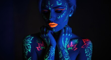 Female with neon body paint and glowing art designs on dark background