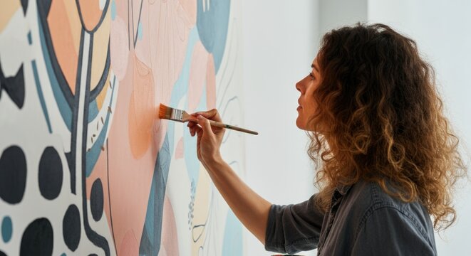 Young caucasian female artist painting a colorful abstract mural
