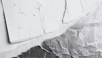 Fototapeta premium Old white grunge ripped torn collage posters creased crumpled paper placard texture background with copy space for text or image Torn street poster background, abstract retro paper collage