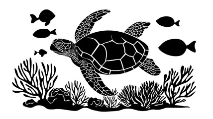 Obraz premium Turtle swimming in a coral reef with fish in the background, Animal Digital Art