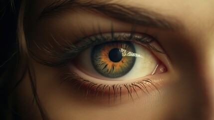 Close-up of a Womans Striking Brown Eye with Long Lush Eyelashes and Flawless Skin Texture