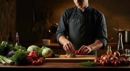 Male chef preparing fresh vegetables in rustic kitchen setting