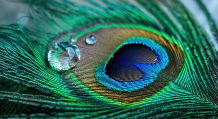 Naklejka premium Vibrant peacock feather with water droplet highlighting exquisite colors