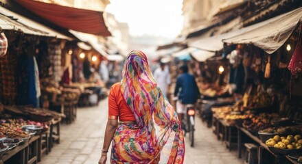 Obraz premium Asian woman in colorful sari exploring vibrant market street in india
