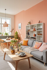 Fototapeta premium MOdern living room with big sofa, coffee table and big window.