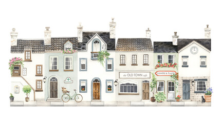 Old town street with beautiful houses and design elements, watercolor illustration for wallpaper, banner or card, horizontal city landscape.