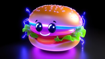 A vibrant, cartoonish hamburger with a smiling face and glowing effects.