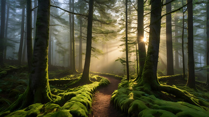 A trail winds through the misty forest on a foggy winter day.
