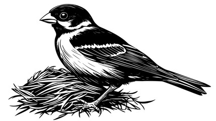 Obraz premium Sparrow gathering nesting material in beak from the ground, Vectorized Animal Art