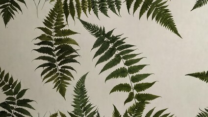 Naklejka premium Many fern fronds, various shades of green, on a light beige background.