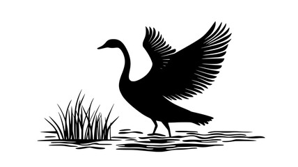 Obraz premium Swan stretching wings wide while standing on the shore, Vectorized Animal Art