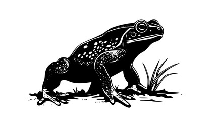 Naklejka premium Toad hopping across a patch of dirt, front legs bent and back legs extended, Vectorized Animal Art