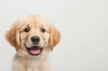 A cheerful golden retriever puppy with a bright smile against a plain background, showcasing its adorable features and playful personality.