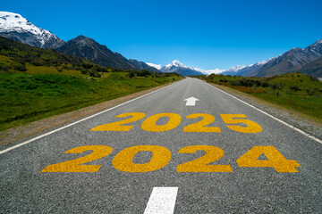 2025 New Year road trip travel and future vision concept . Nature landscape with highway road leading forward to happy new year celebration in the beginning of 2025 for elation and successful start .