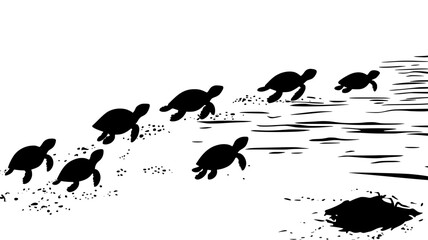 Fototapeta premium Turtle hatchlings making their way to the ocean from a nest, Vectorized Animal Art
