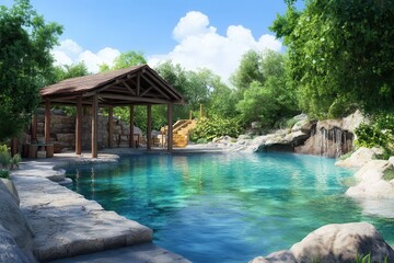Naklejka premium Serene outdoor pool area with natural stone features and lush greenery, ideal for relaxation and leisure.