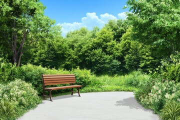 A serene park scene featuring a wooden bench surrounded by lush greenery under a bright blue sky.