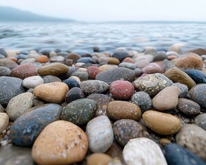A close-up view of smooth, colorful pebbles scattered by the shore, reflecting the tranquil hues of the water.