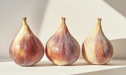 Obraz premium Three ripe figs arranged in a row on a white background