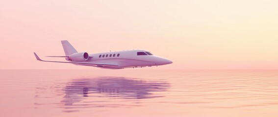 A stylish jet flies over tranquil pink waters, symbolizing luxury travel and serene escapism in a captivating landscape.