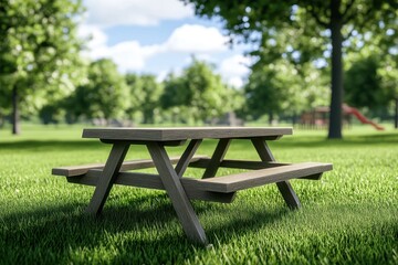 A rustic wooden picnic table in a vibrant green park surrounded by trees and a sunny sky.