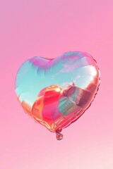 metallic red heart shaped foil balloon on a string on a pink red gradient background