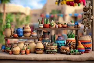Fototapeta premium Colorful handmade pottery displayed at a vibrant outdoor marketplace filled with cultural charm and creative artistry.
