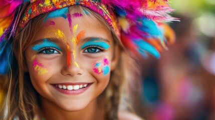 A vibrant portrait of a smiling girl adorned with colorful face paint and feathers, representing joy, creativity, and the spirit of childhood festivals.