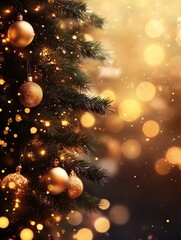 Christmas tree background with gold blurred light