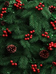 Christmas tree banches and red berries background