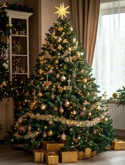 Christmas tree decorated with Christmas decorations, tinsel, lights and a star. New Year tree in the house. House with a big Christmas tree