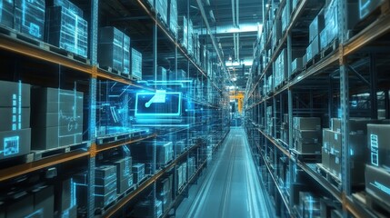 Obraz premium High-Tech Warehouse with Futuristic Digital Interfaces and Holographic Technology