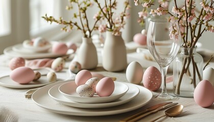 Modern easter table setting with pastel eggs and floral arrangements