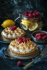 Delicious lemon meringue tarts topped with fresh raspberries, illustrating the delightful blend of sweet and tart flavors.