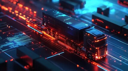 Futuristic Digital Freight Transport on Neon Lit Circuitry Grid Roads