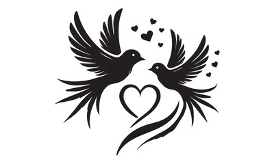 Silhouettes cute birds sing in Love. Stylish card for Valentine day. Vector illustration