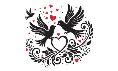 Silhouettes cute birds sing in Love. Stylish card for Valentine day. Vector illustration