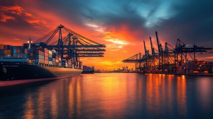 Vibrant Sunset Over Industrial Shipping Port with Cranes and Containers