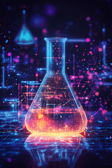 A digital science lab icon glowing with experiment data, representing online science education platforms, virtual lab tools, and real-time research analytics. 