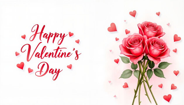 Elegant Valentine's Day card design featuring pink roses and heart motifs on a white background