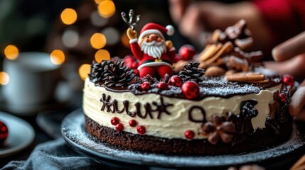 A beautifully decorated Christmas cake featuring a cheerful Santa figure, surrounded by pinecones, representing the warmth and joy of the holiday season.
