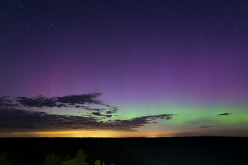 A mesmerizing display of the aurora borealis illuminates the night sky with vibrant hues of purple and green.