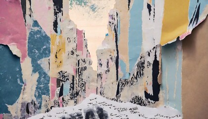 Old blank ripped torn posters grunge texture background creased crumpled paper placard surface Urban street posters / Empty space for text Torn street poster background, abstract retro paper collage