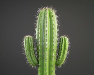 Fototapeta premium An intricate saguaro cactus stands tall against a dark background, showcasing its vivid green color and sharp spines.