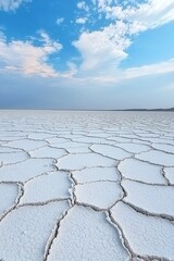 Breathtaking view of cracked salt flats under a vibrant sky, showcasing nature's artistry in natural textures and colors.